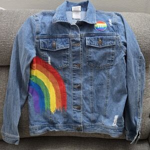 M&M's Blue Rainbow Vibes Denim Graphic Painted Jean Jacket Size Small